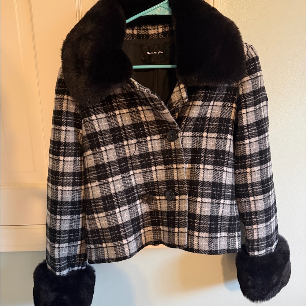 Reformation Black and White Checkered Coat